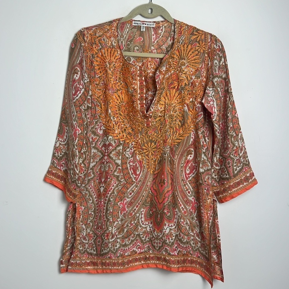 Gretchen Scott Designs Xs Silky Embroidered Orange Pink Tunic Top